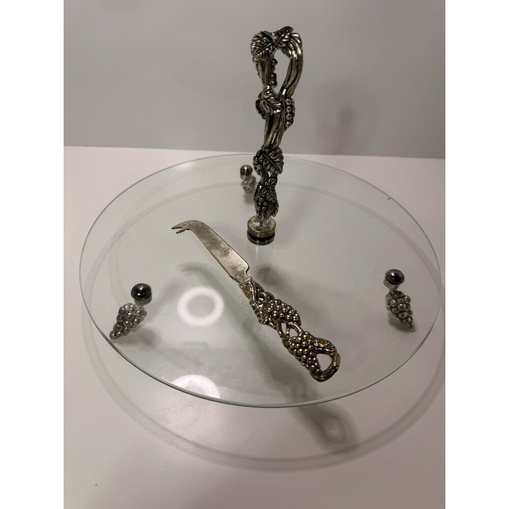 Vintage Silver‑Plated Glass‎ Cheese Plate with Grape‑Handle Knife (A3) - Picture 4 of 5